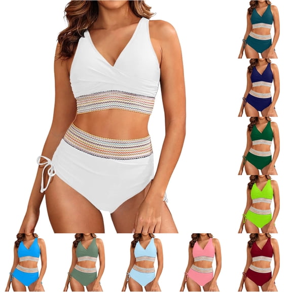 WAYUTE Womens Bathing Suits Two Piece Set Ruched V Neck Plus Size Solid Color Tankini Top and High Waist Seamless Bottom Casual Beach Outdoor,White,3XL