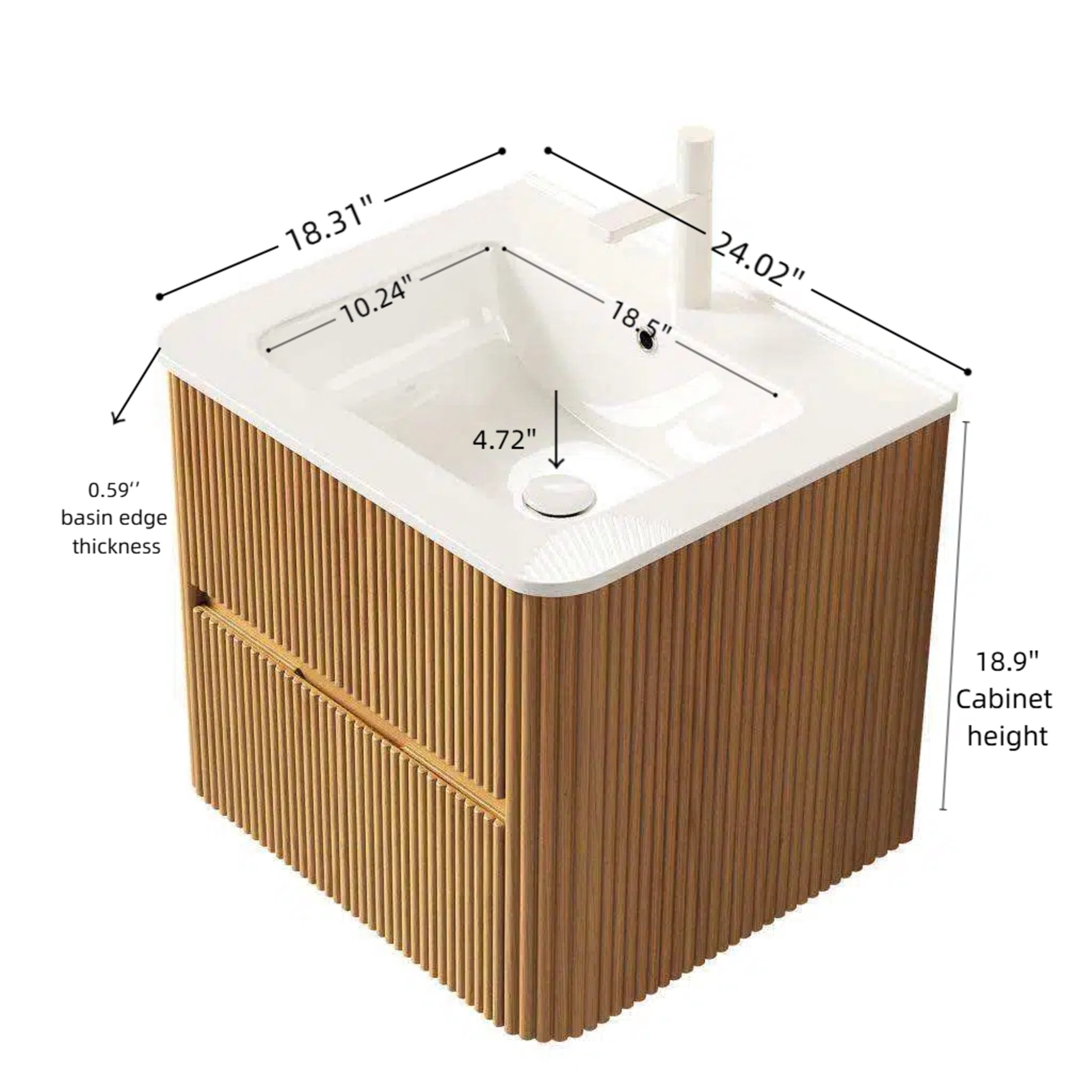 Noble House Noor 24" Floating Bathroom Vanity with Seamless Ceramic Basin, Retro Soft-Close Drawers, Oak
