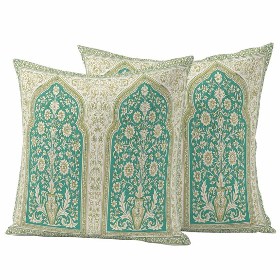 Boho Archway Outdoor Waterproof Pillow Covers, Vintage Traditional Ethnic Green Flowers Decorative Square Throw Pillowcase Sofa Cushion Sham for Patio/Couch/Chair, 16"x16" 2 Pack