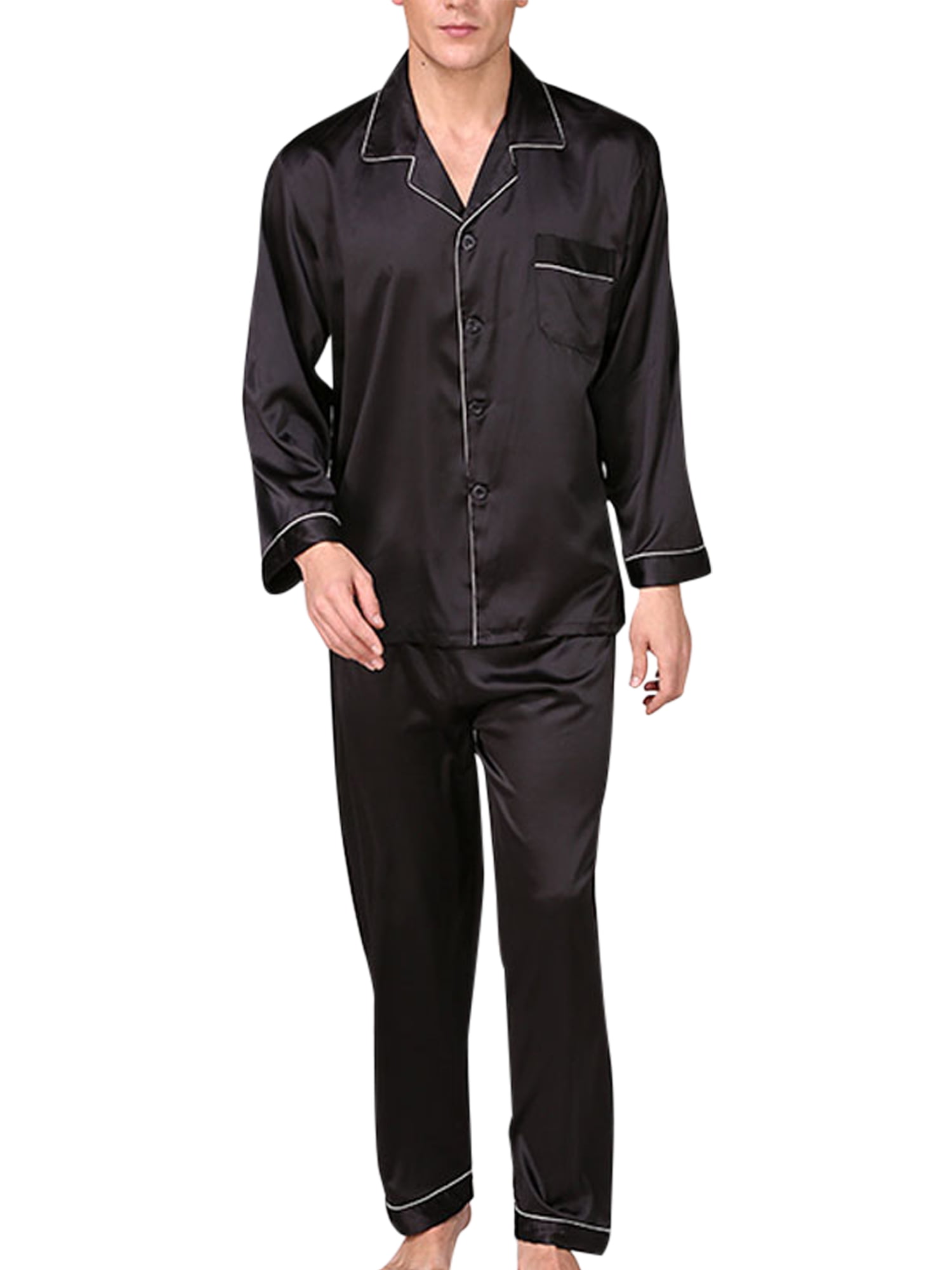 Pajamas Set Mens Silk Satin Pajamas Long Sleeve Loungewear Two-Piece Sleepwear Button-Down Pj Set Color : Black, Size : S