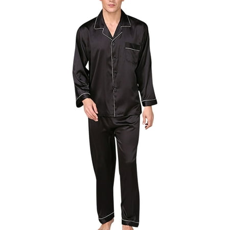 

Wrcnote Men Loungewear Solid Color Sleepwear Long Sleeve Nightwear Home Clothes Leisure Pjs Lapel Neck Lounge Set Black XL