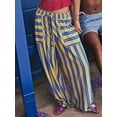 thumbnail image 4 of Women Drawstring Striped Pants Loose Wide Leg Trousers Casual Low Waist Pants with Pockets Yellow & Blue S, 4 of 9