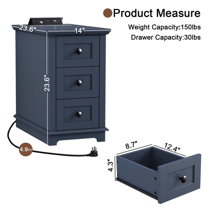 PLAMLE End Table with 3 Drawers for Living Room,Nightstand Sofa Side Table with Charging Station,End Table.