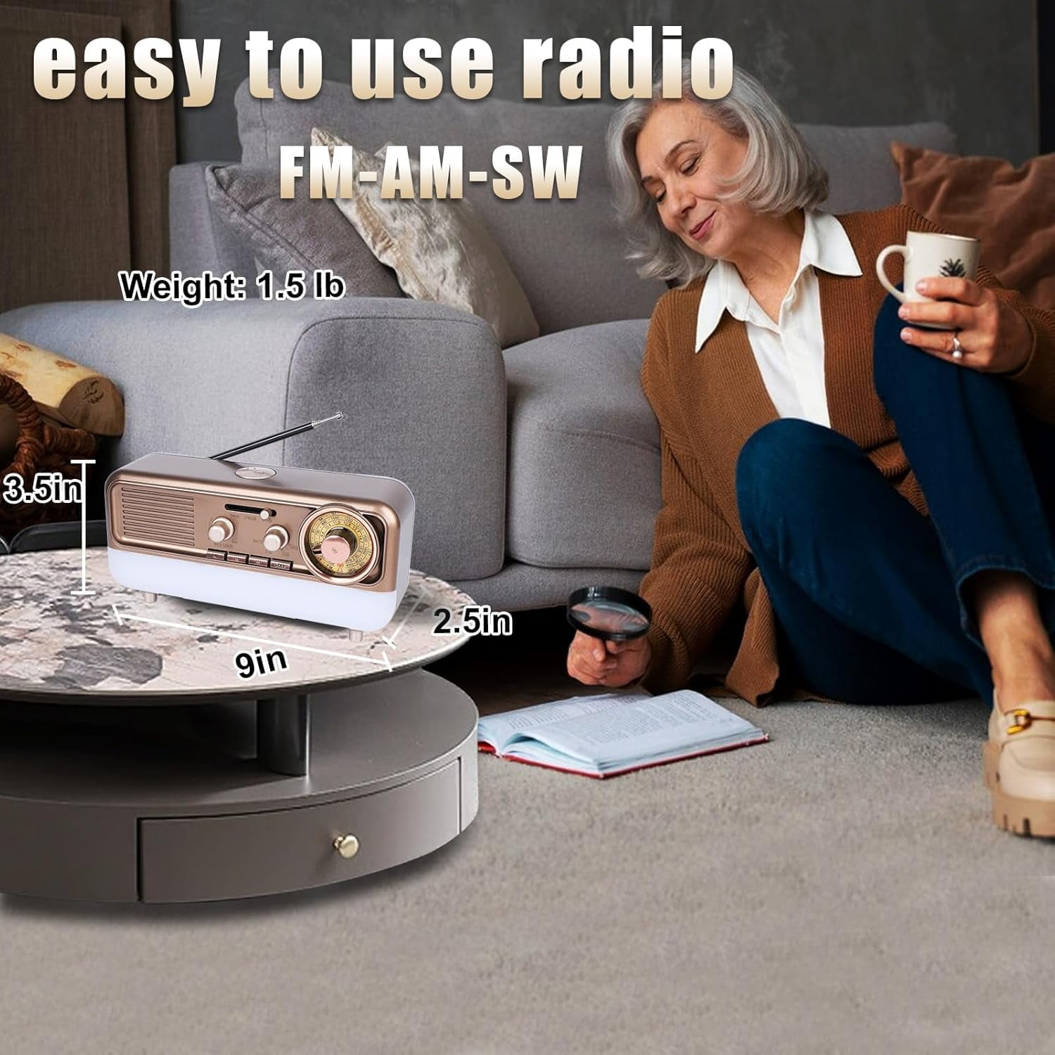 MUSICOZY Retro Portable Radio AM FM SW Shortwave Radio with Colorful Ambient Light, Vintage Bluetooth Music Player Battery Operated, Retro Sound Machine, SUB Charging, TF Card