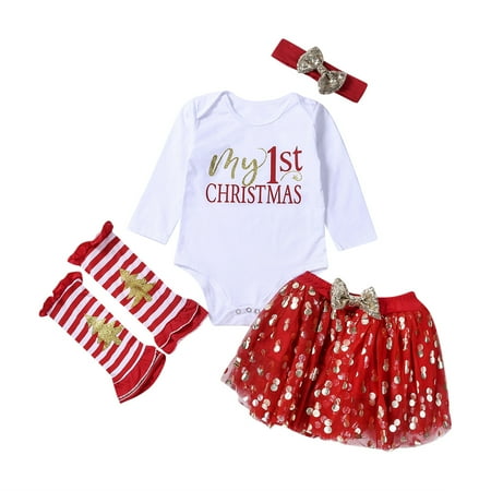 

Douhoow My First Christmas Clothes Baby Girl Long Sleeve Bodysuit Dot Bow Skirt Leg Warmers 0-24M