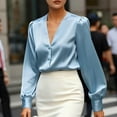 thumbnail image 4 of SwiftWear Women's Satin Blouses Dressy Casual V Neck Long Sleeve Shirts Business Casual Basic Tops Elegant Work Office Wear Light Blue, 4 of 9