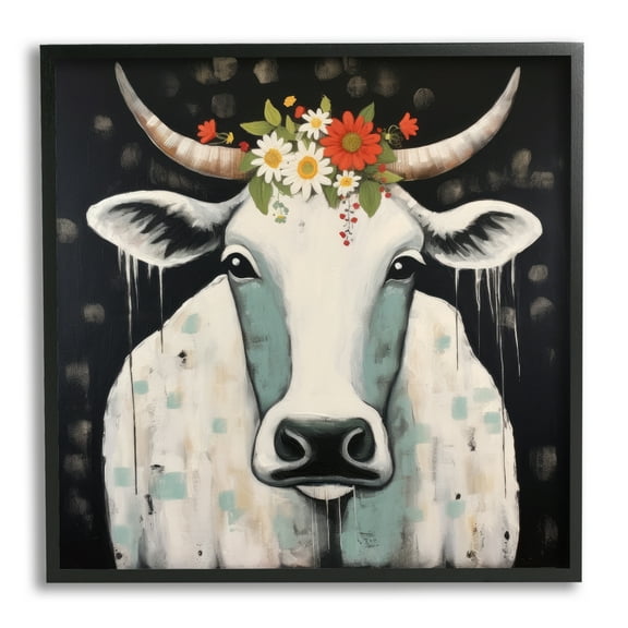Stupell Industries Cow & Florals on Black Animals & Insects Painting Black Framed Art Print Wall Art, 12 x 12