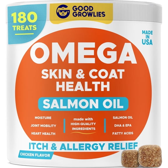 Omega 3 Alaskan Fish Oil Treats for Dogs (180 Ct) - Dry & Itchy Skin Relief   Allergy Support - Shiny Coats - EPA&DHA Fatty Acids - Natural Salmon Oil Chews Promotes Heart, Brain, Hip & Joint Support