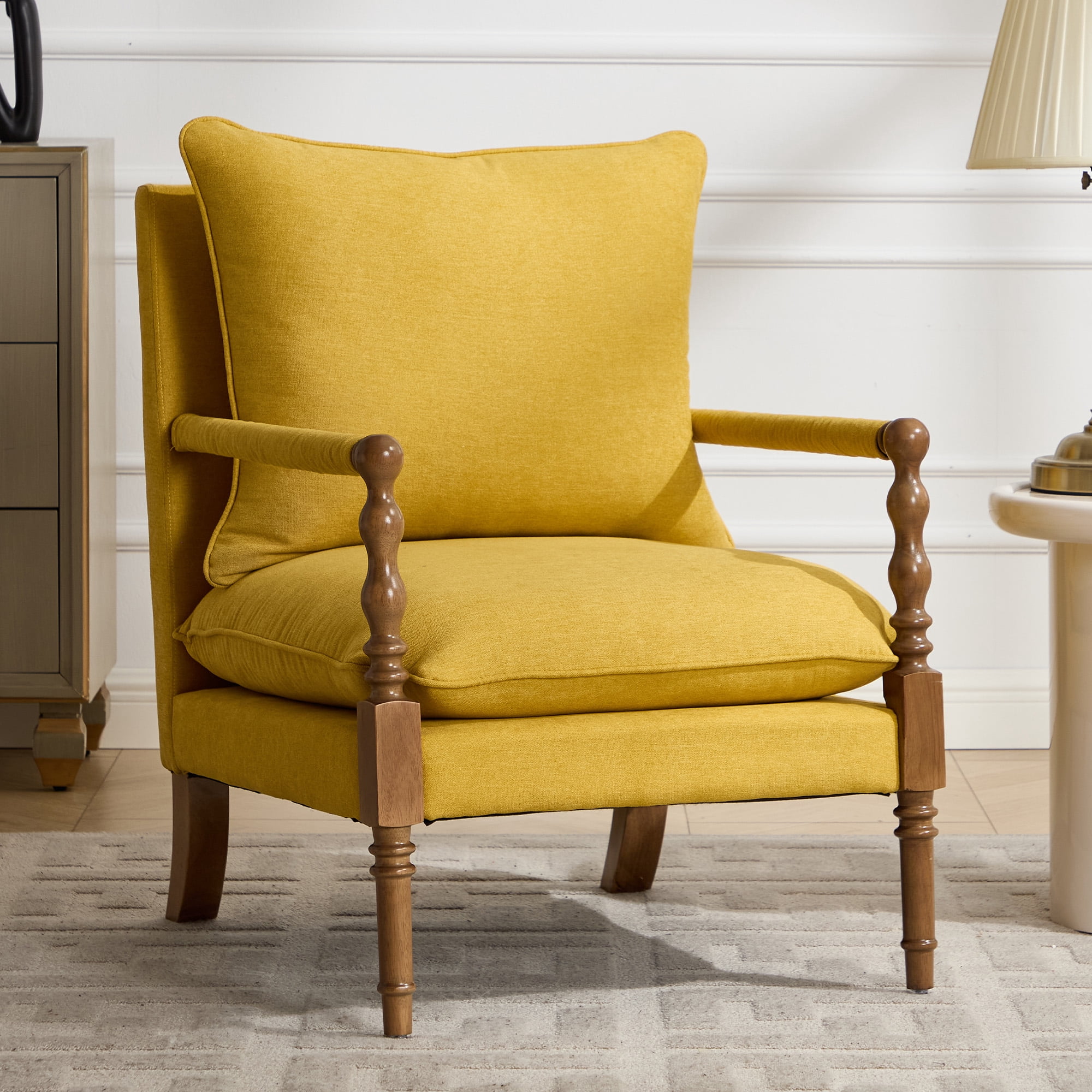 MOONMISS Vintage Spindle Accent Chair,Similar to Harper Style,Mid Century Chenille Upholstered Armchair,Yellow