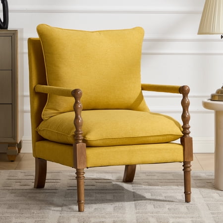 MOONMISS Vintage Spindle Accent Chair,Similar to Harper Style,Mid Century Chenille Upholstered Armchair,Yellow