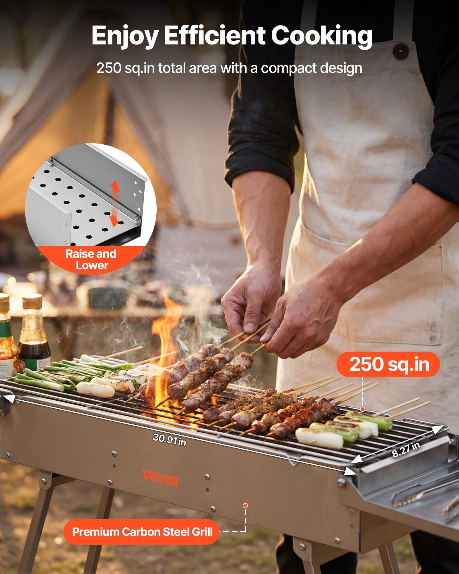 VEVOR Foldable Charcoal Grill, 250 sq.in. Portable Charcoal Barbecue Grill with Liftable Charcoal Tray & Side Tables, Brushed Stainless Steel BBQ Cooking Grills for Outdoor Camping Backyard Parties