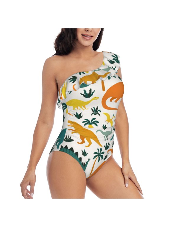 Picia Dinosaurs and Tropical Leaves Pattern Women's One Piece Swimsuits,One Shoulder Swimwear Asymmetric ,Ruffle Monokinis Bathing Suits,High Waisted Flattering Bathing Suits-Small