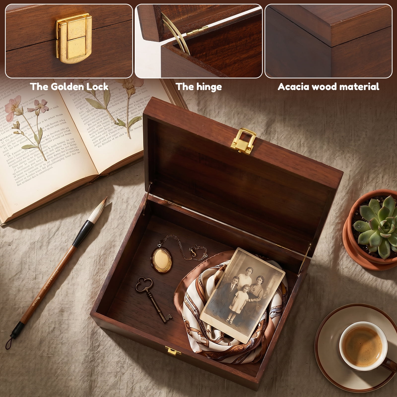 Grusce Wood Storage Keepsake Box with Hinge Lid, Decorative Wooden Keepsake Chest Box, Large Acacia Memory Box, Jewelry Organizer Box for Crafts Sewing Keepsake Home Office and Photo Storage