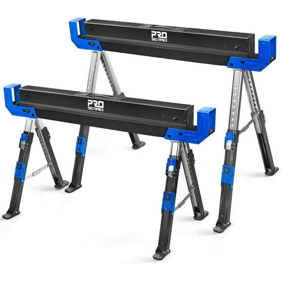 Portable Folding Saw Horse 2-Piece Set, 2600 Pound Load Capacity and 24-32 inch Adjustable Height Heavy-Duty Saw Horse Table, with 2x4 Quick Opening Legs and Easy to Grip Woodworking Handle