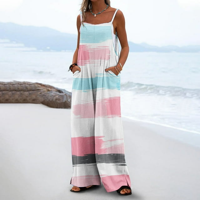 UPPADA Women's Boho Loose Flowy Jumpsuits Casual Summer Outfits Sleeveless Spaghetti Strap Square Neckline Overalls Wide Leg Pants Suspender Rompers with Pockets Savings Pink,L
