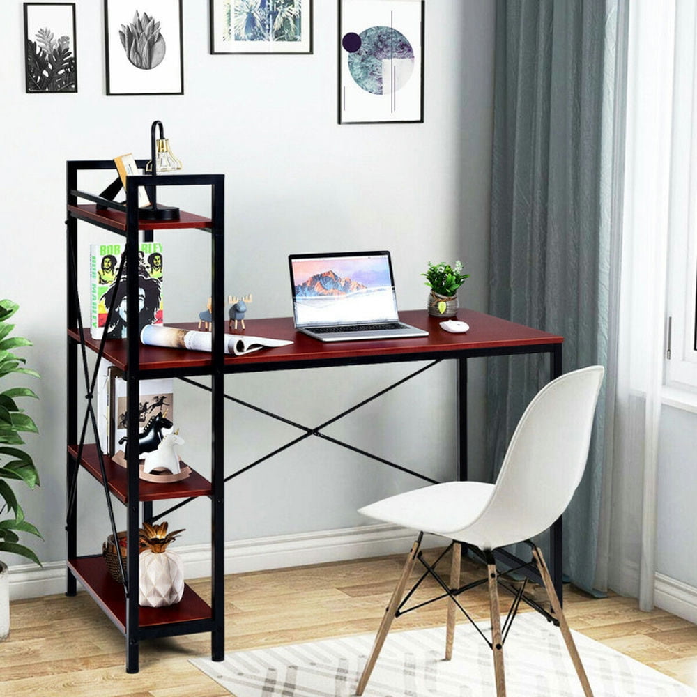 Demi Bonn 47.5" Writing Study Table Computer Desk with 4-Tier Shelves, Small Home Office Desk, Rustic Brown