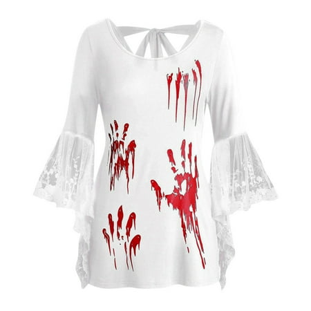 

Inkach Women Plus Size Halloween Lace Flare Sleeve Blood Hands Print Back Knotted Tops