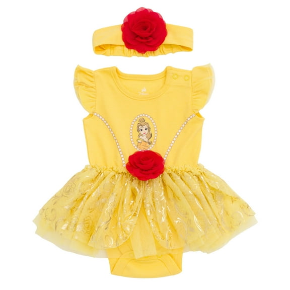 Disney Princess Belle Cosplay Bodysuit With Skirt Overlay & Headband Outfit Set Newborn to Infant