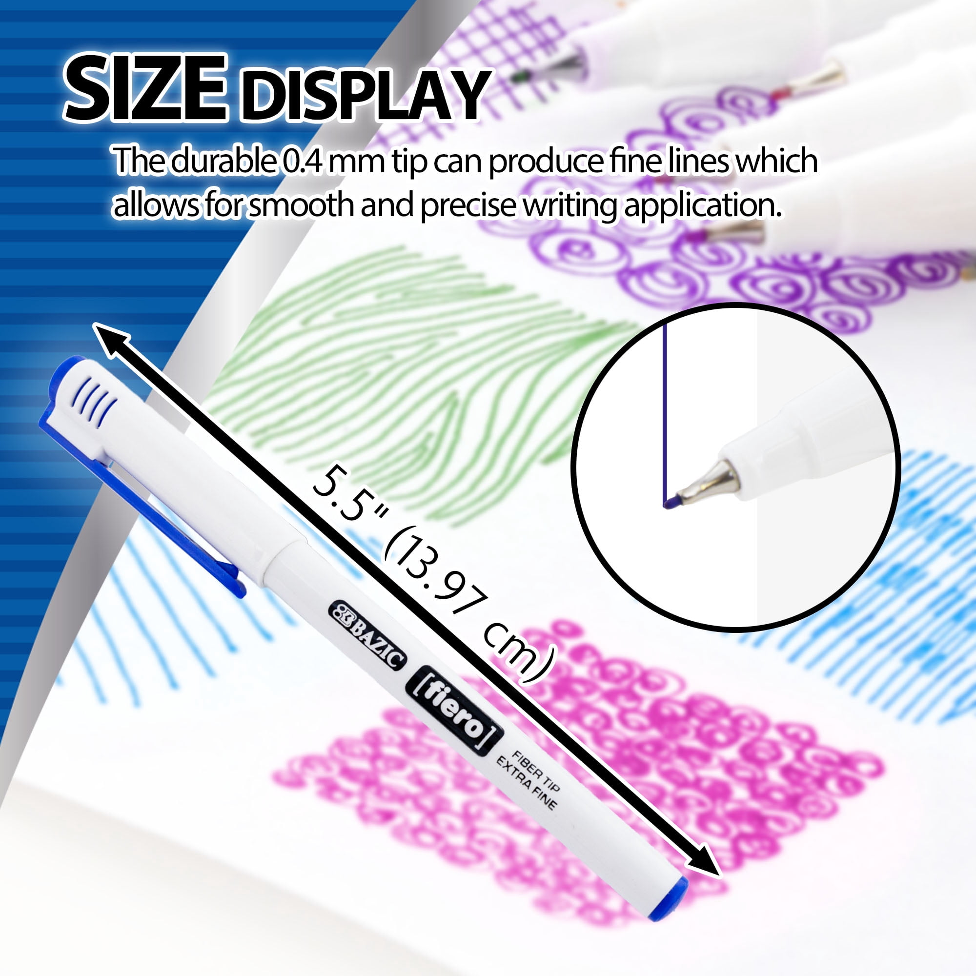 BAZIC Fiero 12 Color Fiber Tip Fineliner Pen, 0.4mm, (12/Pack), 12-Pack