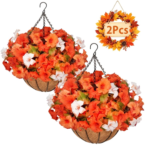 2Sets Artificial Autumn Fake Flowers Paired with Hanging Basket Plants for Outdoor Decoration, Silk Imitation Flower Anti Uv Morning Glory, Suitable for Home Porch Terrace Garden Decoration