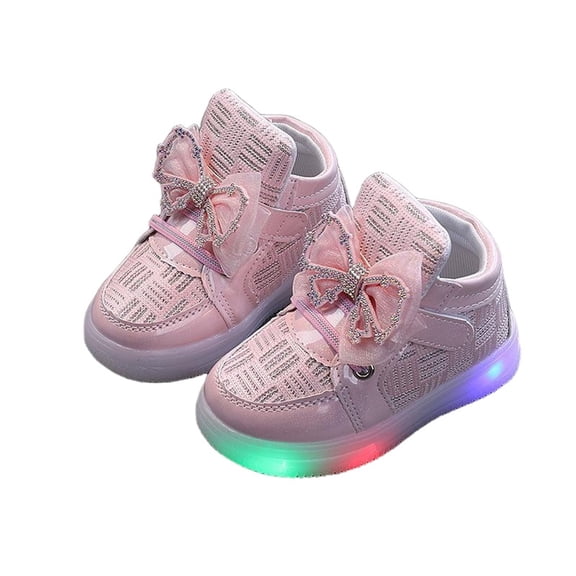 Girls' Light-Up Sneakers Rhinestone Bowknot Hook-and-Loop Soft Sole Shoes Lightweight Flashing Sneakers Kids Footwear