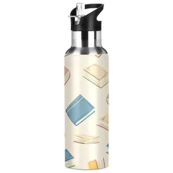 1000ml Vacuum Insulated Sports Water Bottle with Foldable Straw Stainless Steel Portable Thermos Cup Books Pattern