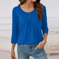 thumbnail image 5 of 3/4 Length Sleeve Womens Tops Loose Fit Trendy Pleated Lightweight T Shirts Casual Button Scoop Neck Tunic Tops Blue S, 5 of 6