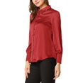 thumbnail image 4 of INSPIRE CHIC Women's Satin Blouse Puff Long Sleeve Collared Button Down Shirt Dressy Office Work Tops Business Casual S Red, 4 of 4