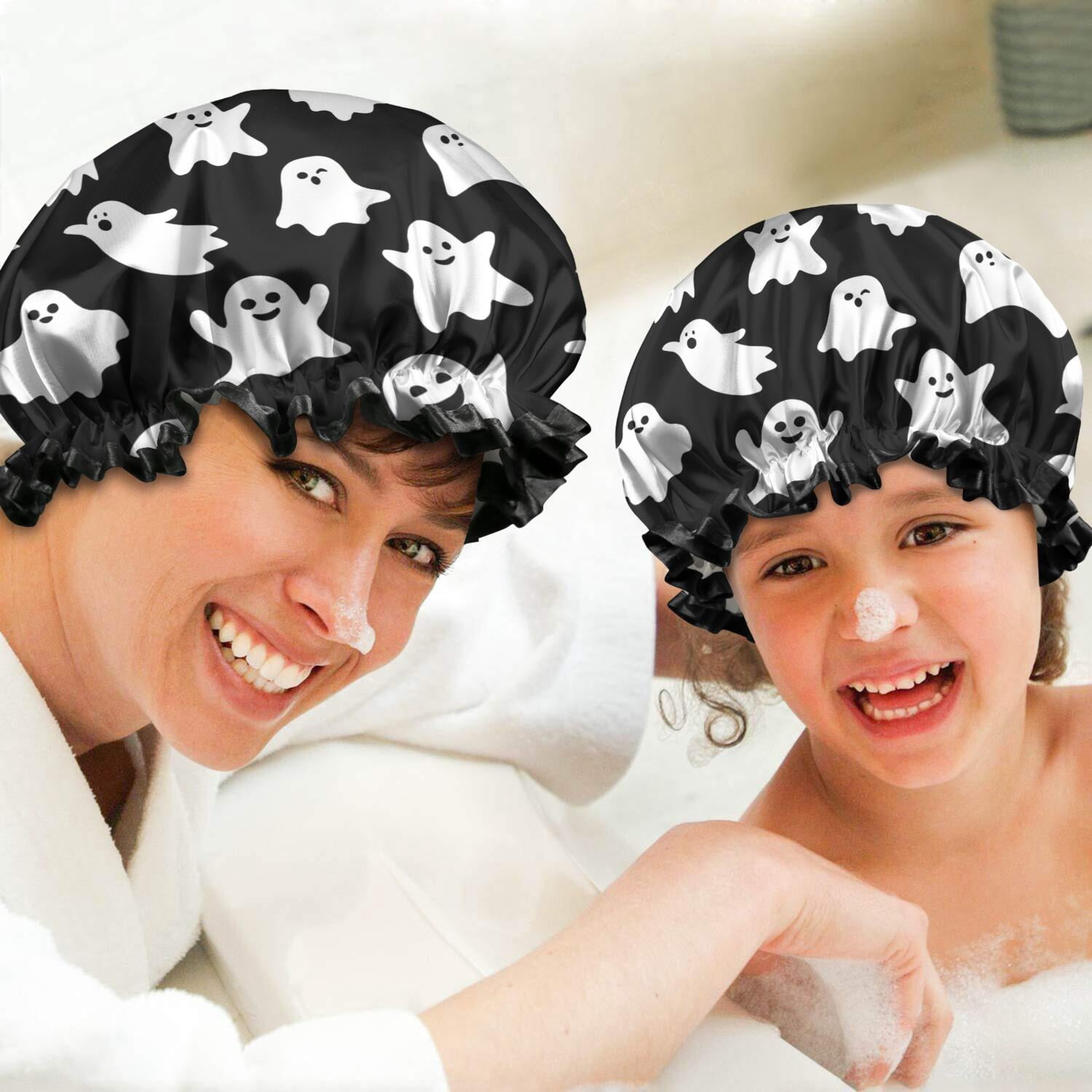 Shower Caps,Black Halloween Ghosts Waterproof Shower Cap for Women 4 Pieces,Double Reusable Hair Cover for Shower PEVA Elastic Stretch Hem