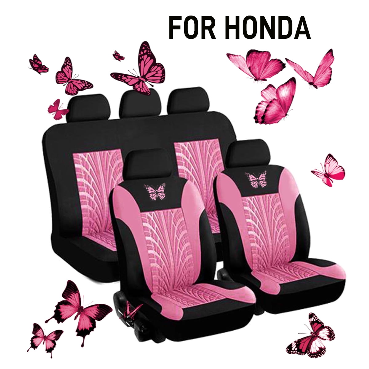 9PCS Universal Car Seat Covers Full Set Protector Cushion Front Rear 3D Butterfly Embroidery Pattern, Pink