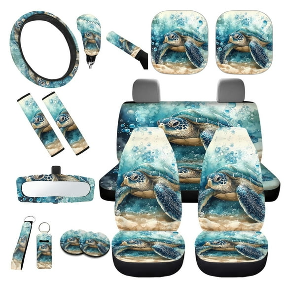 Yuyamidu Sea Turtle Car Seat Cover Set of 16 Blue Steering Wheel Cover Seatbelt Shoulder Pad Coasters Car Sun Shade Rear View Mirror Cover Keychain Handbrake Cover Set Universal Fit