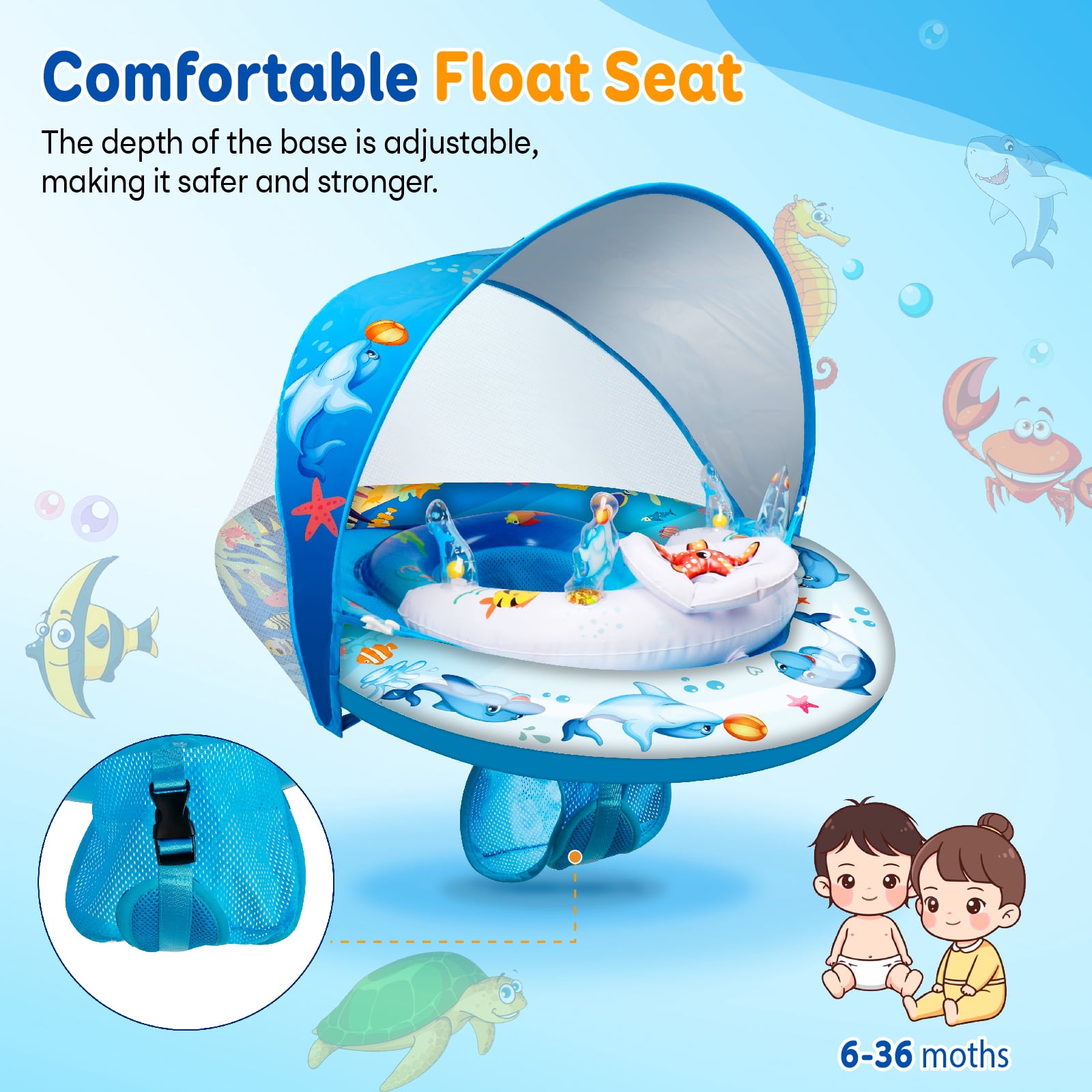 Baby Pool Float with Canopy UPF50+ Sun Canopy, Inflatable Kids Pool Floats, Anti-Flip Double Air Chambers, Infant Swimming Float with Adjustable Safety Seat for 6-36 Months Boys Girls.