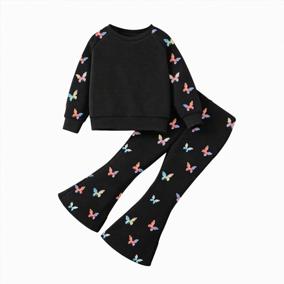 YDFCWXW Girls 2 Outfits Long Sleeve Sweatshirt Elastic Flared Pants Clothing Set (Black, 5 Years)