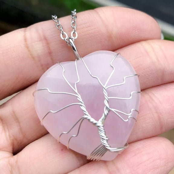 QQTDFG Rose Quartz Gem stone Tree of life Necklace Heart Chakra Reiki Healing Amulet-default