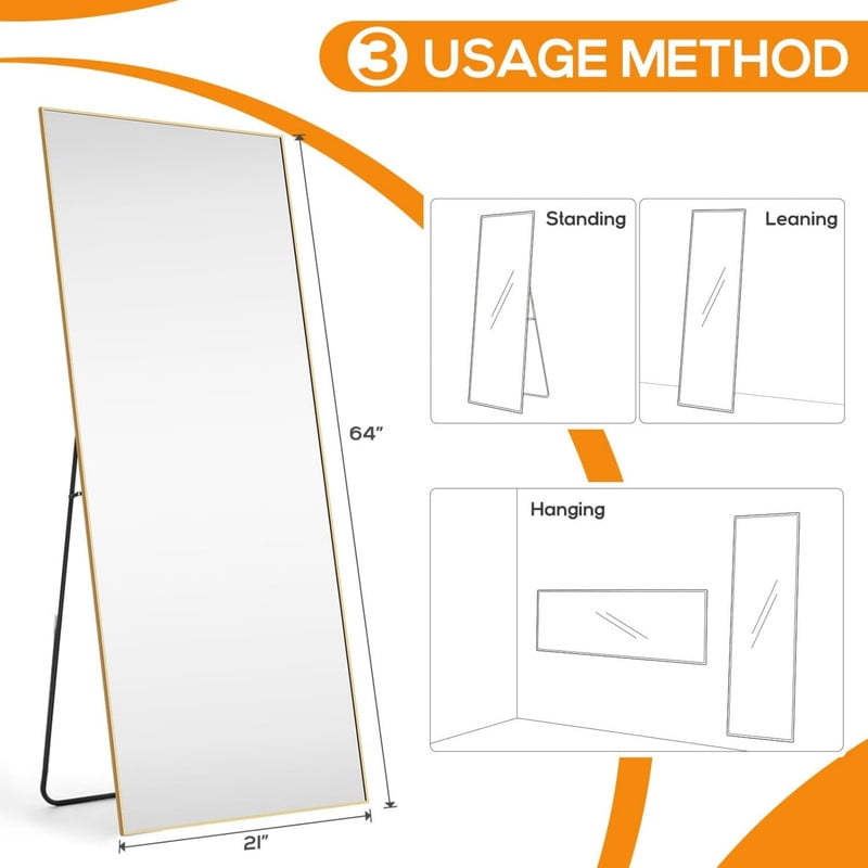Gleamira 64"x21" Rectangle Full Length Mirror Floor Mirror Free Standing Mirror with Metal Frame, Gold