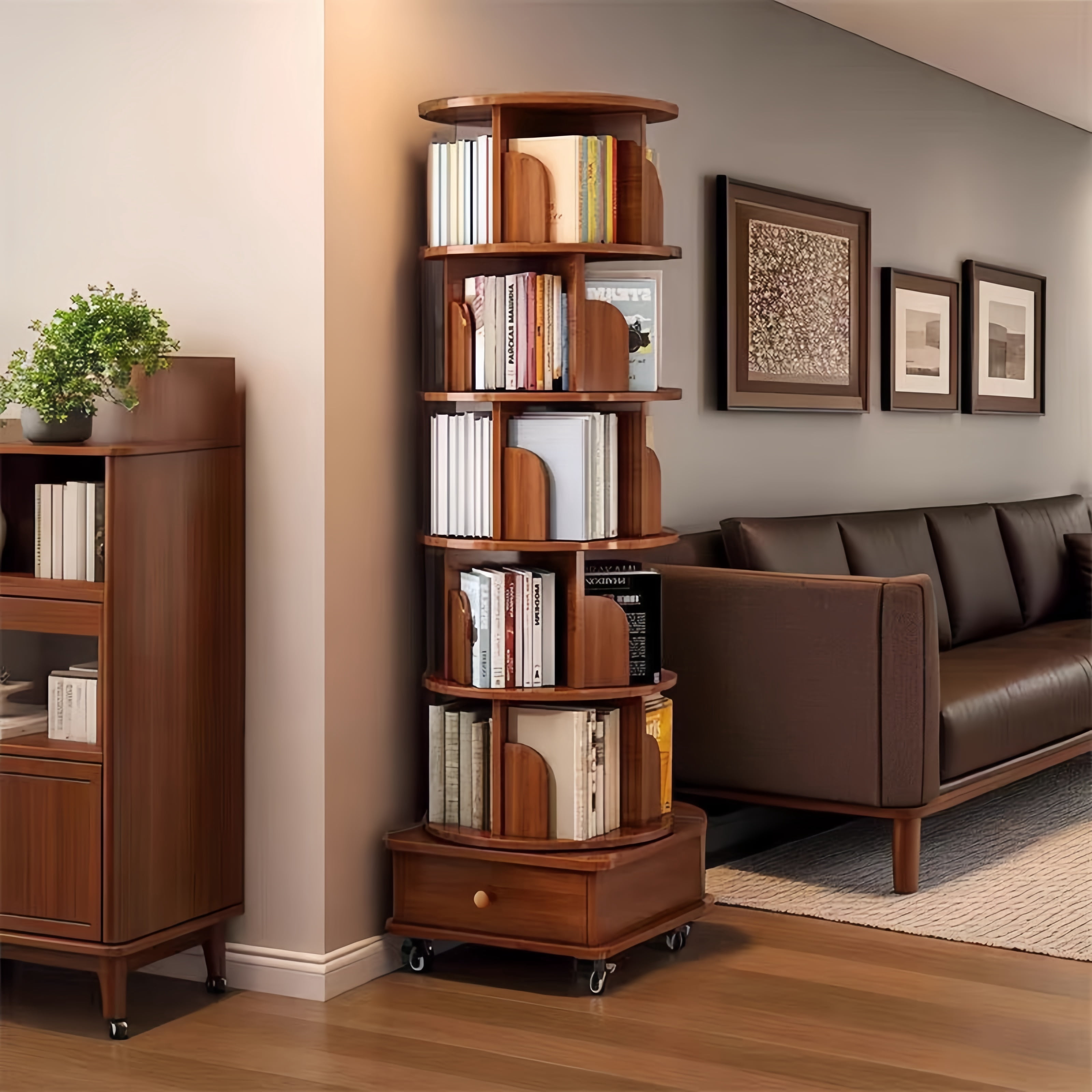 Atumcto 6 Tier Tall Rotating Bookshelf, Wooden Spinning Bookcase Tower, 360° Rolling Corner Organizer for Bedroom, Living Room, Office, Walnut Brown
