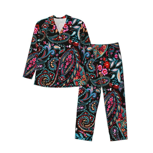 Balery Paisley Pijama para Hombre de Dos Piezas con Manga Larga, Conjunto de Dormir y Descanso Suave con Bolsillos-Large