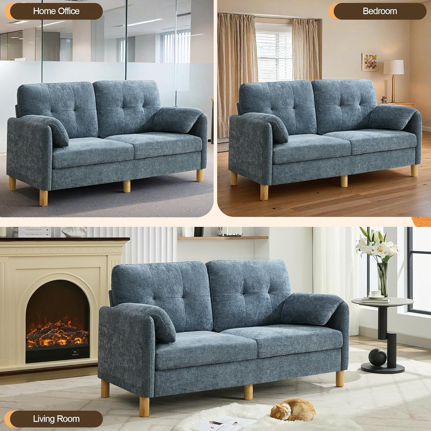 65" Chenille Loveseat Sofa, Modern 2-Seater Love Seat Couch with Armrest Pillows,Upholstered Tufted Loveseat Couches for Living Room Bedroom, Blue