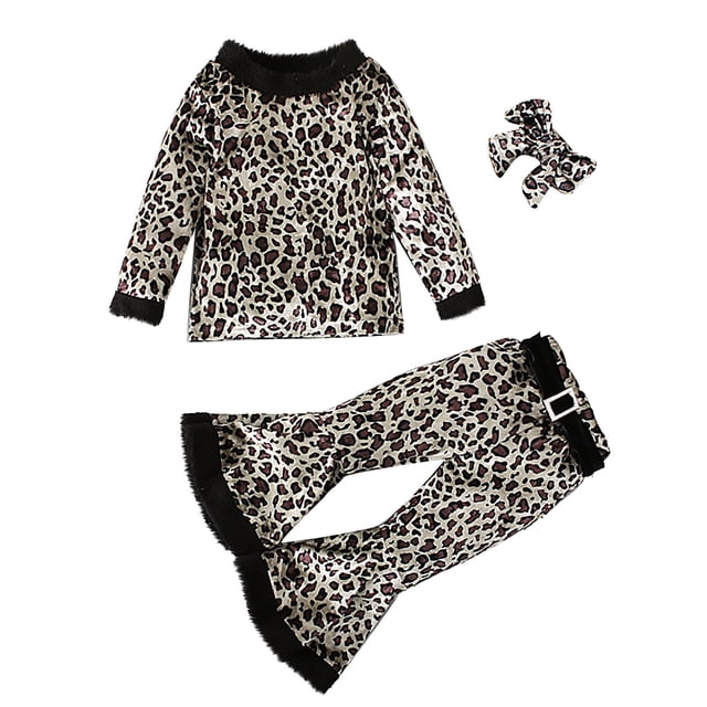 Ropa Para Niñas Pequeñas, Atuendo Para Niños Pequeños, Moda Para Niños, Linda Trompeta, Manga Larga, Estampado De Leopardo, Volantes, Pantalones Acampanados, Traje Marrón Odeerbi LM103-9160
