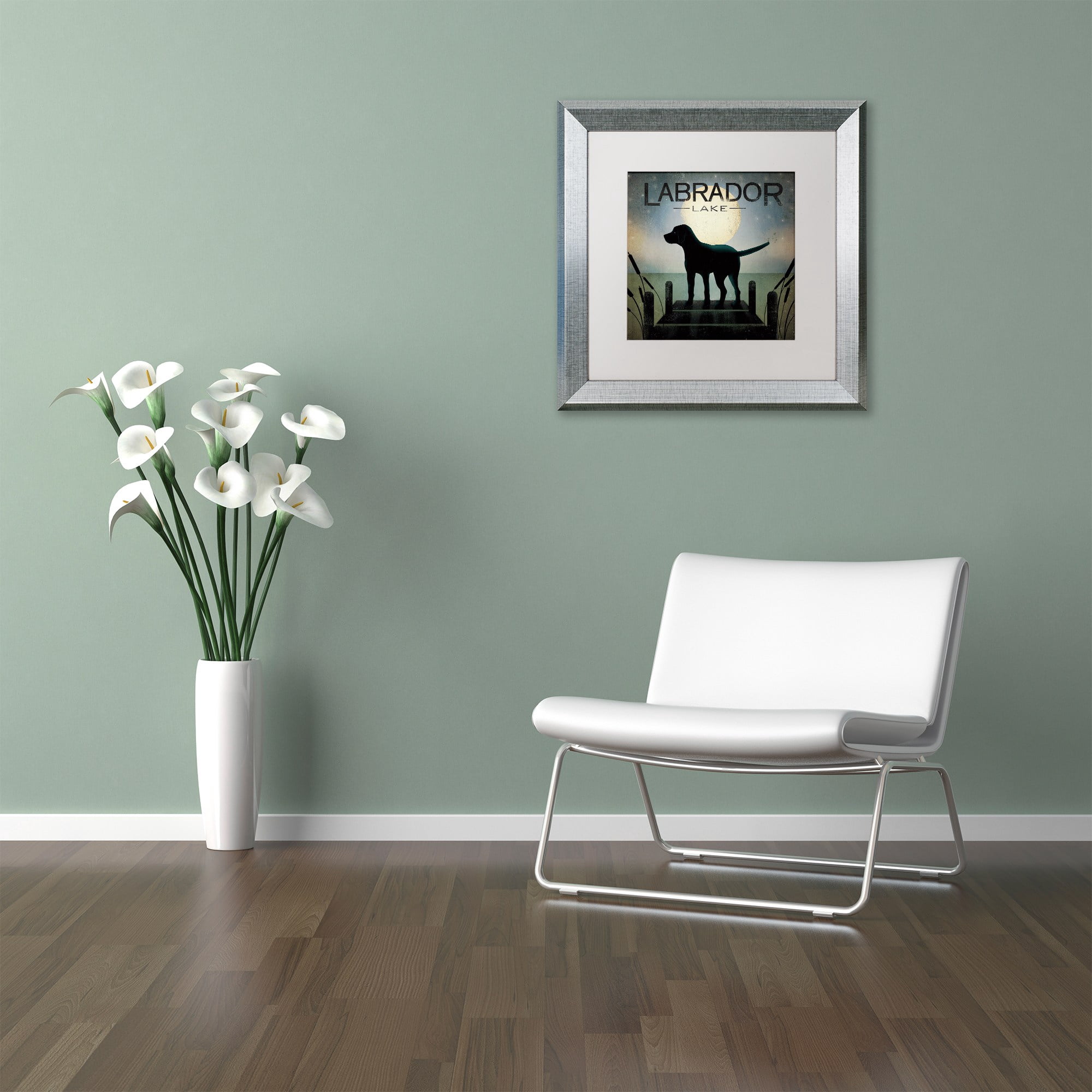 Trademark Fine Art "Moonrise Black Dog Labrador Lake" Canvas Art by Ryan Fowler White Matte, Silver Frame