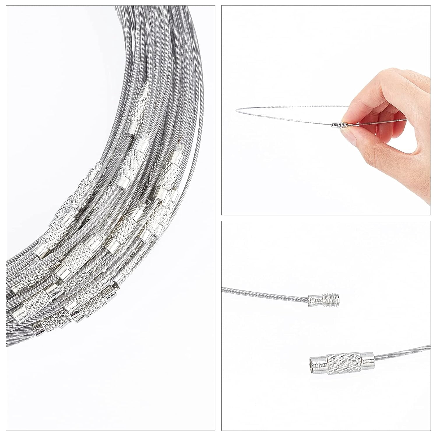 100 Strands 14.5cm Steel Wire Necklace Cord Memory Jewelry Wire with Brass Screw Clasp Beading Wire Chains for DIY Jewelry Making-Silver grey