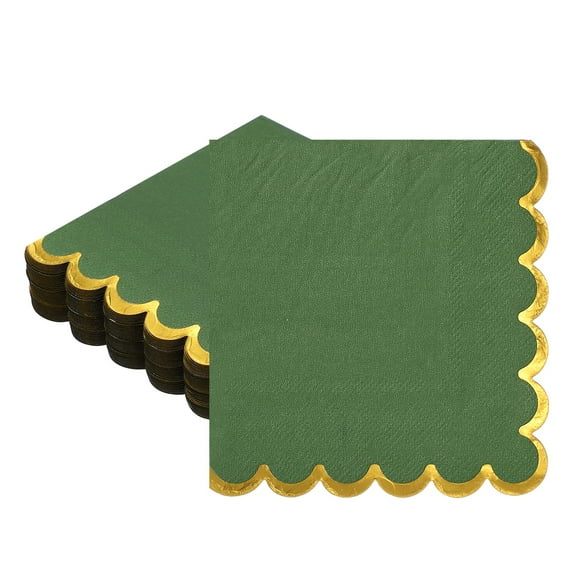 Uxcell 50 Pcs Scalloped Cocktail Napkins with Gold Foil Edges, 5 x 5 Inch Disposable Scalloped Paper Napkins for Wedding Engagement Anniversary Party Tableware Decorations, Green