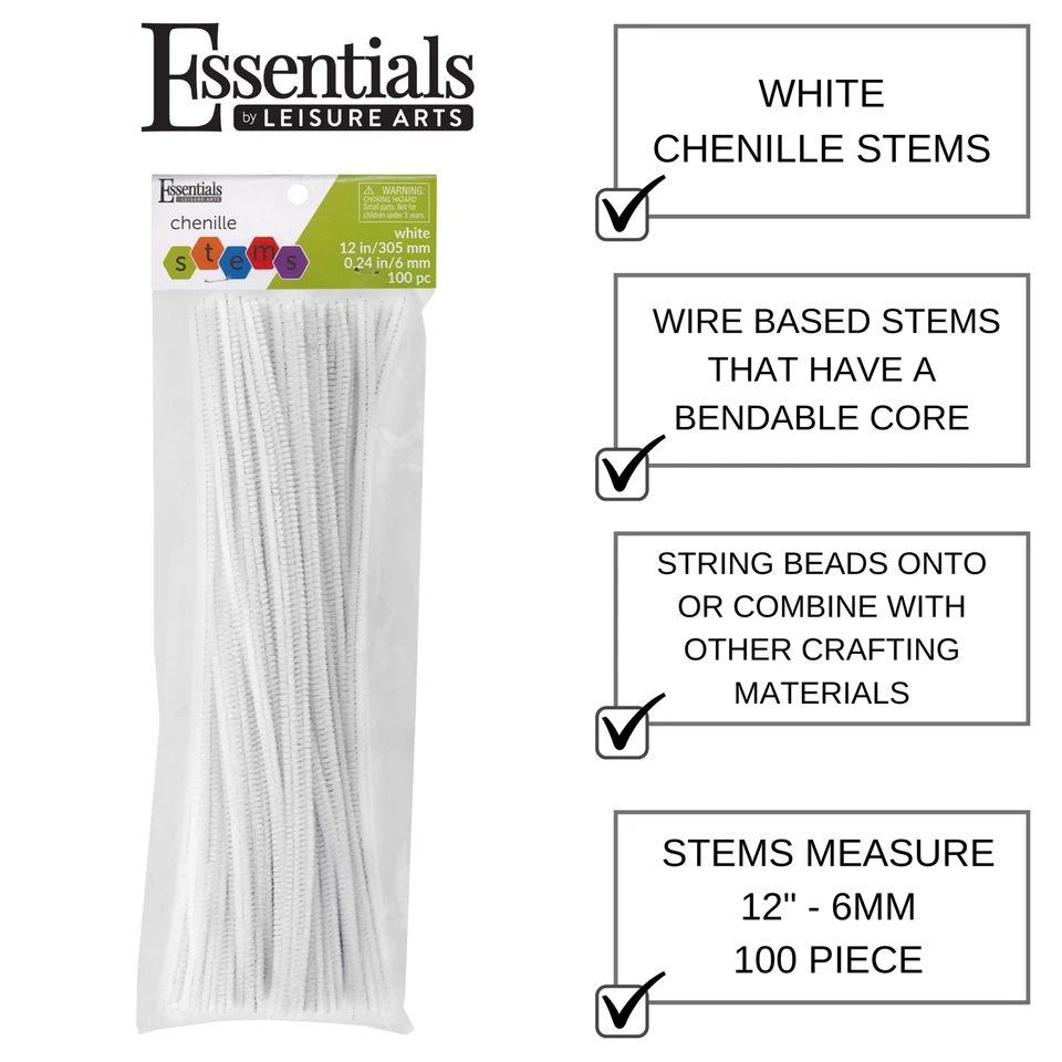 Zyler - Essentials By Leisure Arts Chenille Stems White 12" 6Mm 100Pc - Versatile Pipe