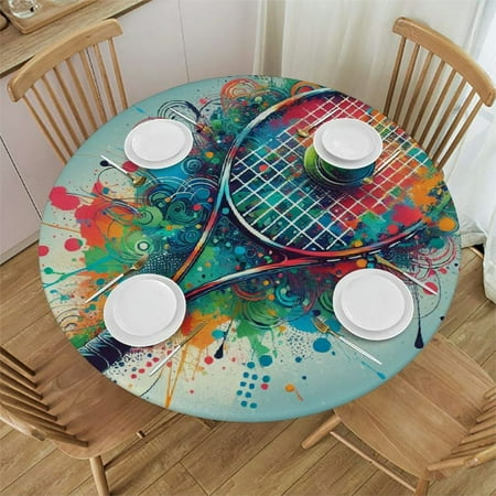 PIKWEEK Watercolor Tennis Racket Round Fitted Tablecloth Fitted Table Cloth for Round Table Waterproof Wipeable Round Elastic Table Cloth Circular Table Cover with Elastic Edge