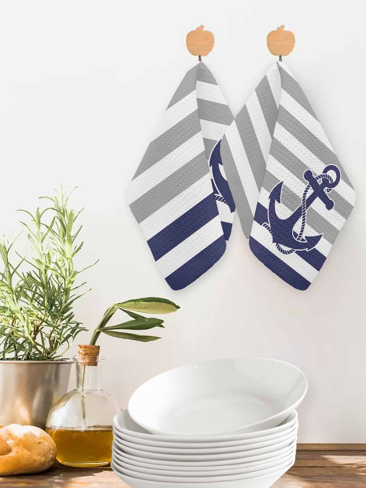 Anchor Gray Kitchen Dish Towels for Drying Dishes Set of 3, Modern Navy Blue White Striped Nautical Waffle Weave Microfiber Hand Tea Bathroom Towels Quick Dry & Absorbent Towel 12x12