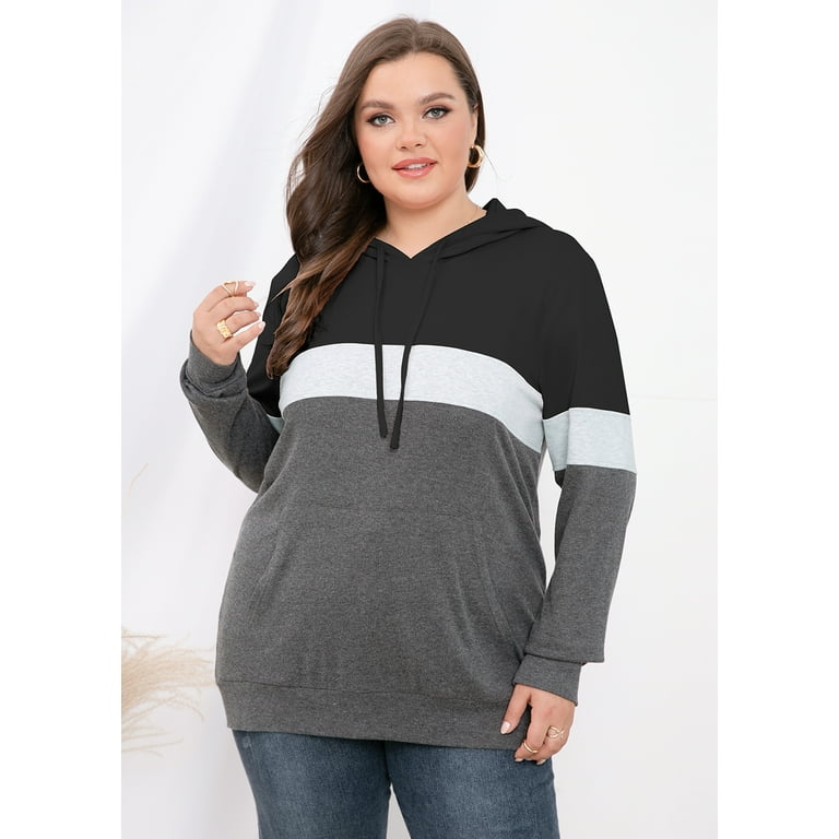 JuneFish Women s Plus Size Long Sleeve Sweatshirts Color Block Hoodies Pullover with Pocket