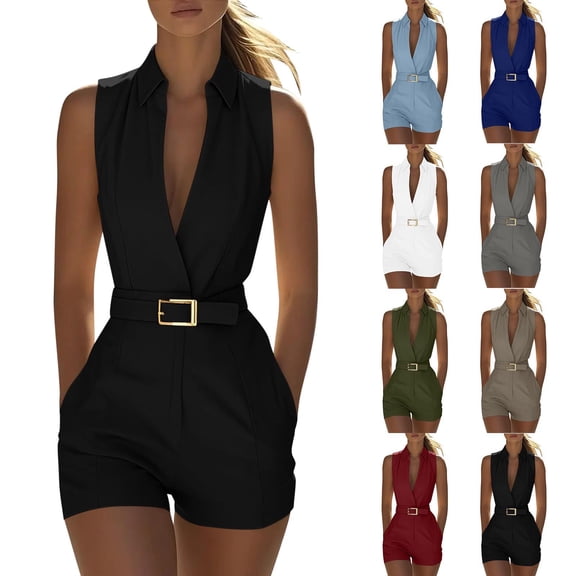 Purcolt Women's Turndown Collar Rompers Summer Sleeveless Jumpsuits Fashion Casual Office Short One Piece with Pockets & Belt