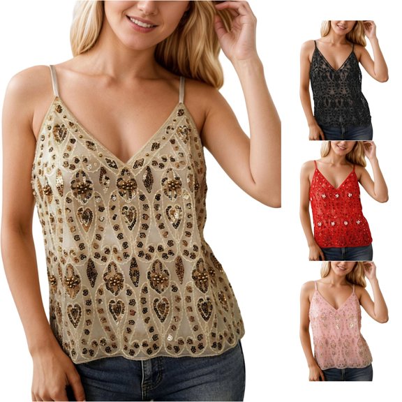 Sequin Beaded Camisole Slim Fit Layering Tank Top Cropped Sleeveless Shirt Womens Sleeveless Tee Shirts