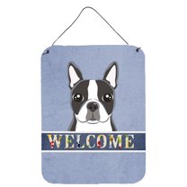 Caroline's Treasures BB1389DS1216 Boston Terrier Welcome Wall or Door Hanging Prints, Blue, 12x16, multicolor