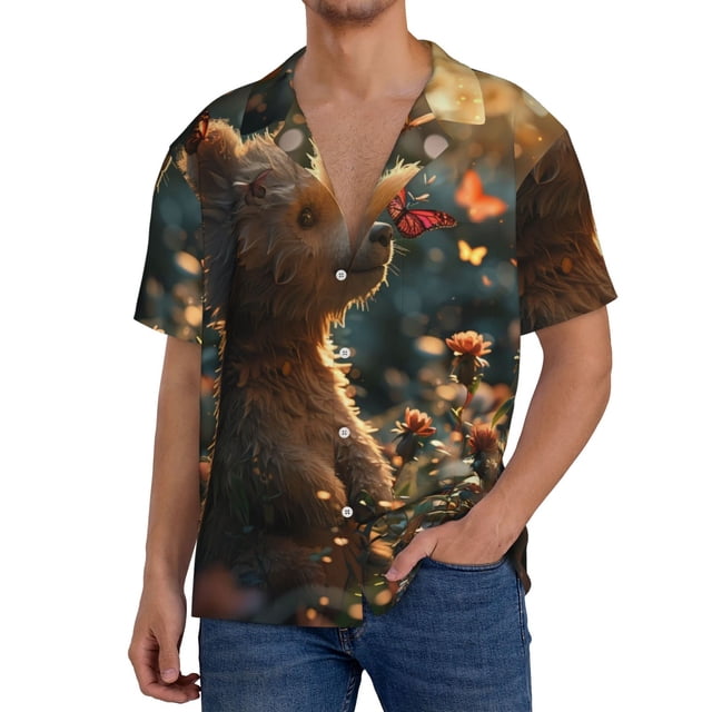 Fotbe Sunshine Butterfly Flower Bear Camisa Estampada de Manga Corta para Hombre, Casual de Verano, Estilo Playero, Sin Arrugas-Small